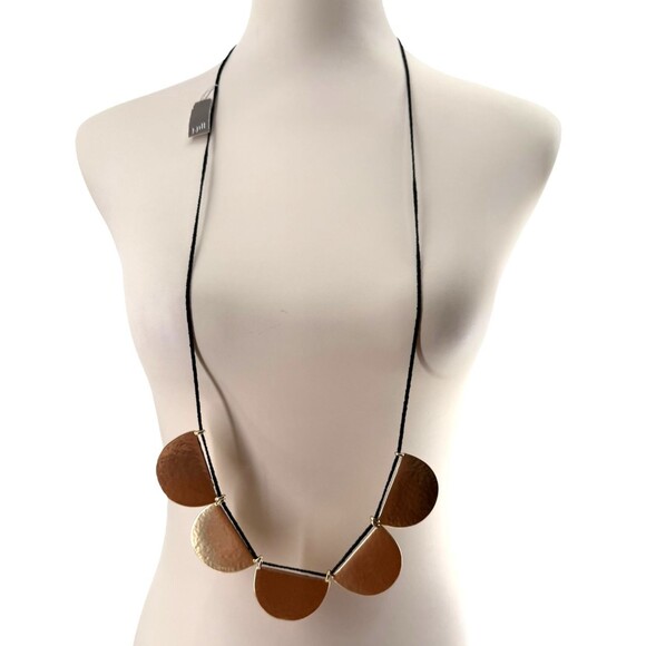 J. Jill Half Moon Pendant Necklace Hammered Gold Tone Semi Circle Cord Adjusts - Picture 3 of 9